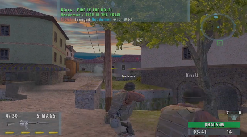 Original SOCOM II Crossroads street with a utility pole between buildings and a tree on the right.