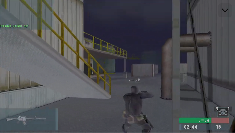 Original SOCOM II Frostfire industrial yard, with a stair ramp on the left and a pipe on the right.