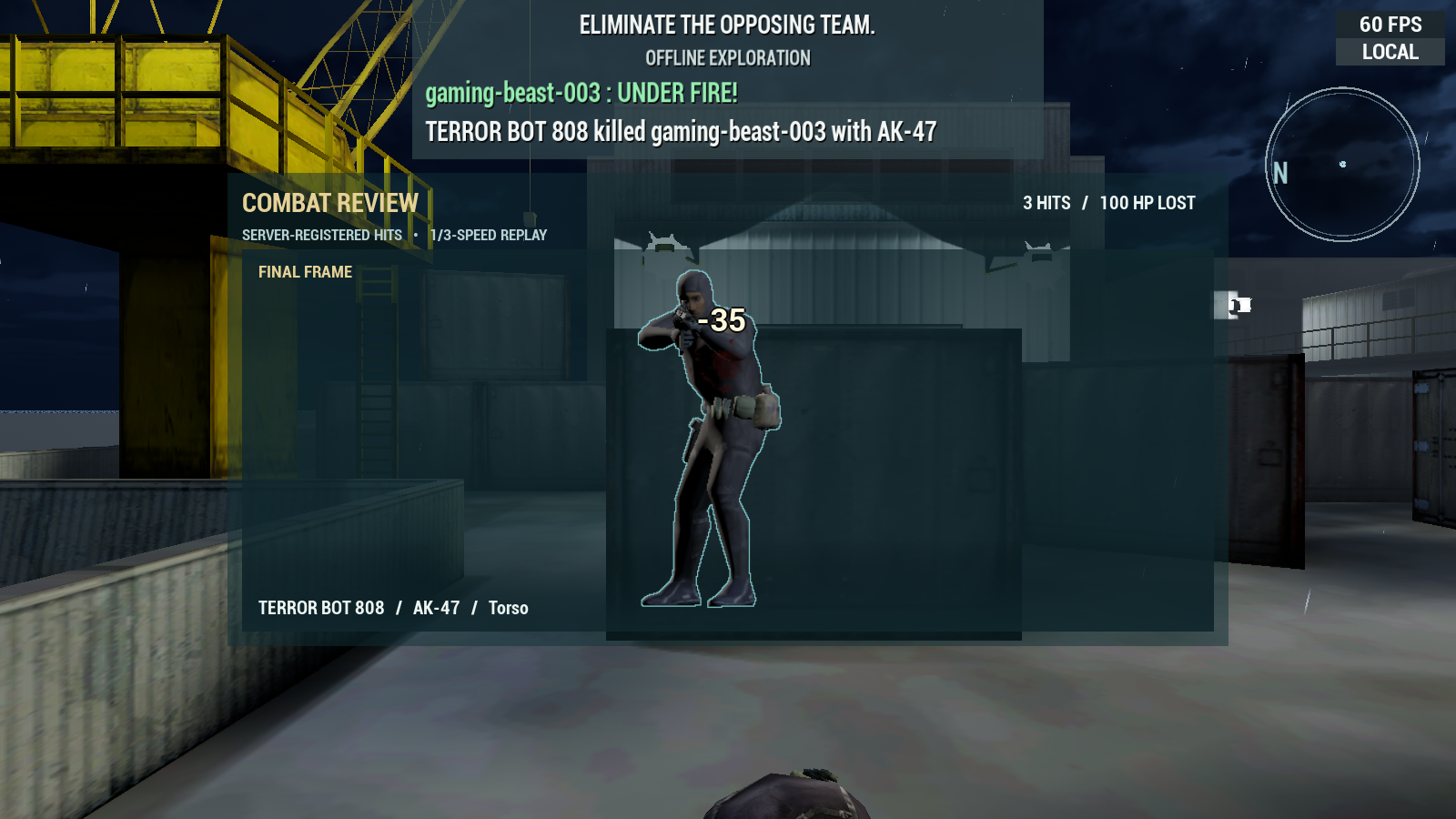 Revised Combat Review with the soldier centered, a blood impact and an outlined damage number at the wound.
