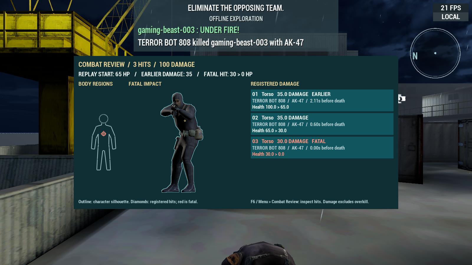 Previous Combat Review with a body outline and a large list of registered damage cards.