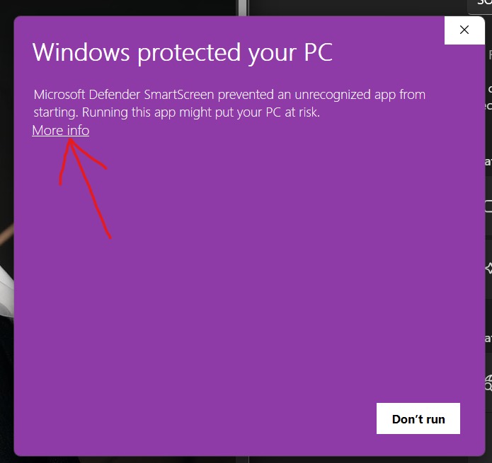 Windows SmartScreen warning with an arrow pointing to More info.