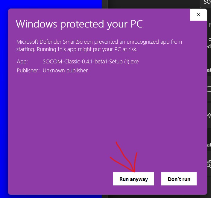 Expanded SmartScreen warning with an arrow pointing to Run anyway.