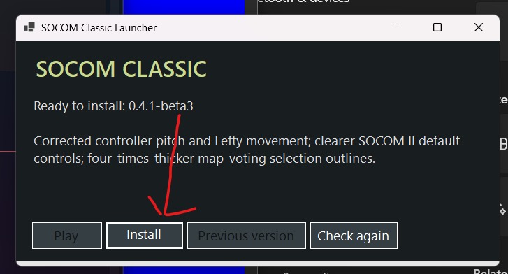 SOCOM Classic Launcher with an arrow pointing to Install.